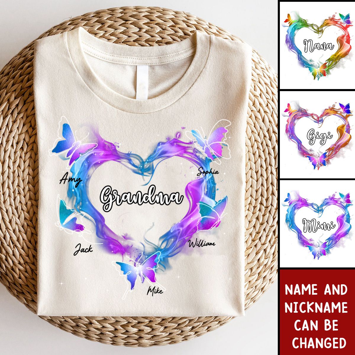 Grandma Mom Colorful Smoke Heart Butterflies Personalized Shirt