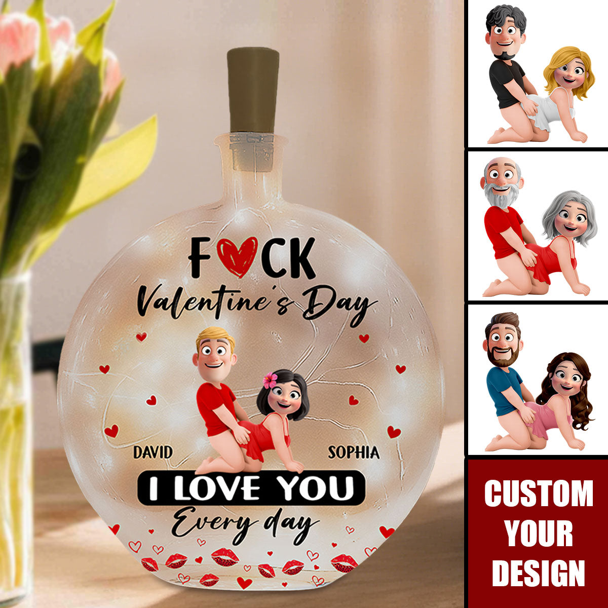 F Valentine's Day I Love You Every Day - Gifts For Her - Personalized Round Flat Bottle Light