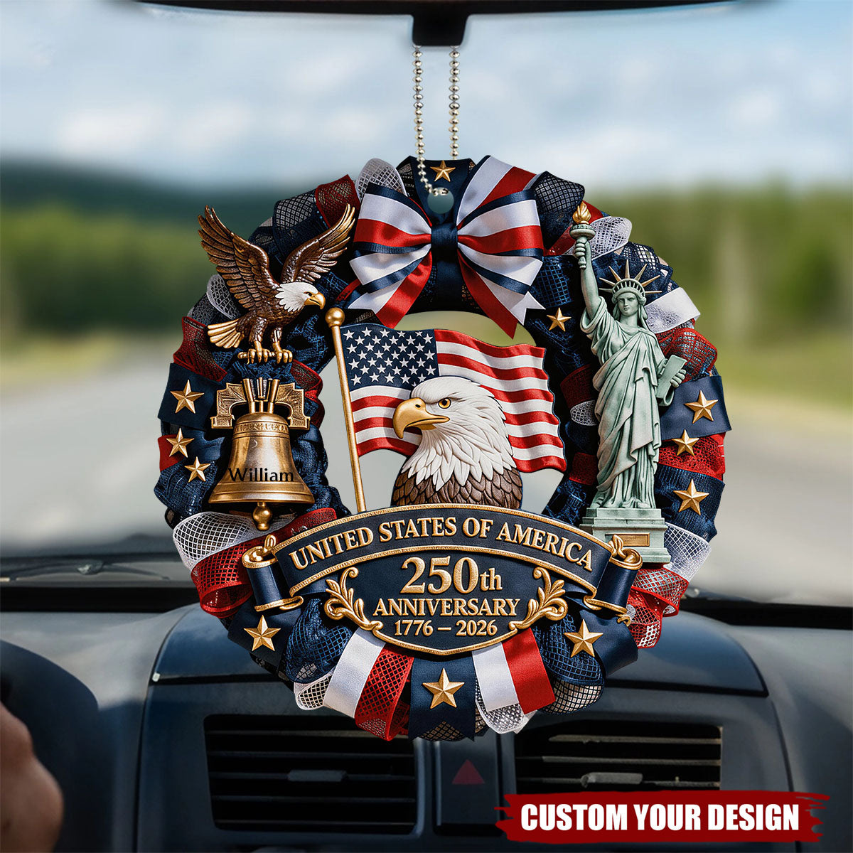 Personalized US 250th Anniversary Patriot Car Ornament