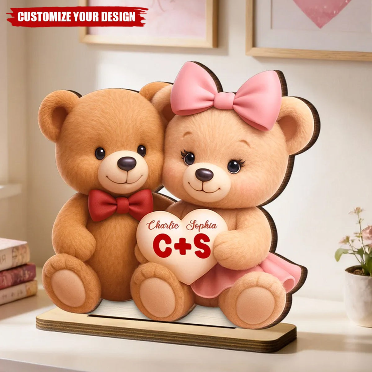 Loving Bear Couple - Personalized Wooden Plaque - Valentine's Day Gift for him, for her