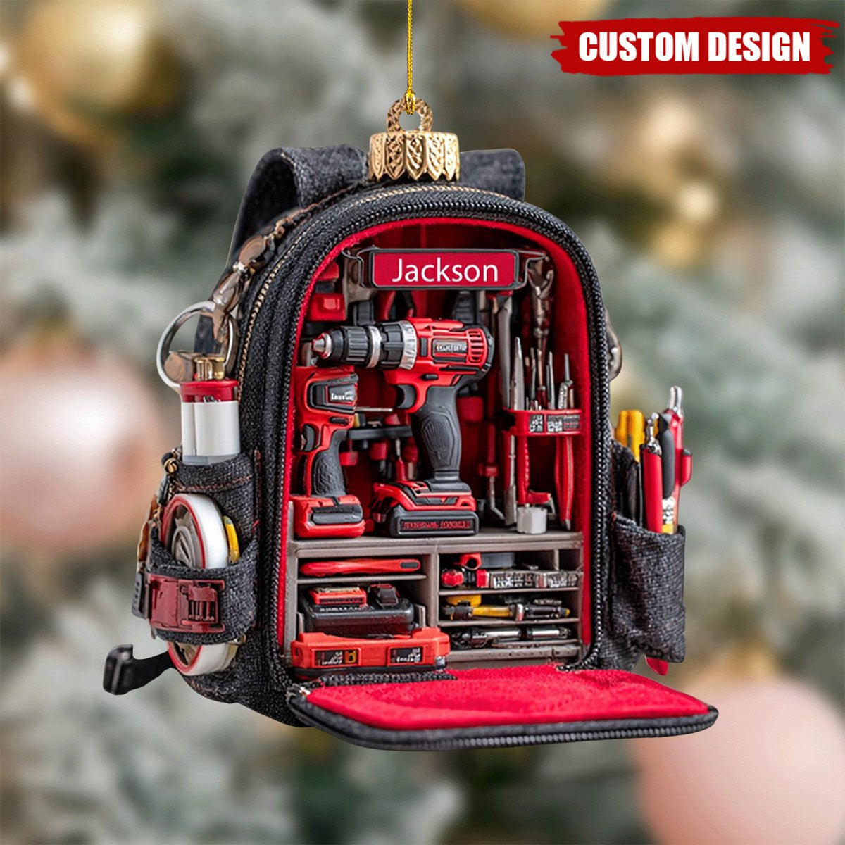 Personalized Tool Backpack Christmas Ornament – Custom Name Holiday Decor Gift for Carpenters, Handymen, and DIY Lovers,2D Flat Onament