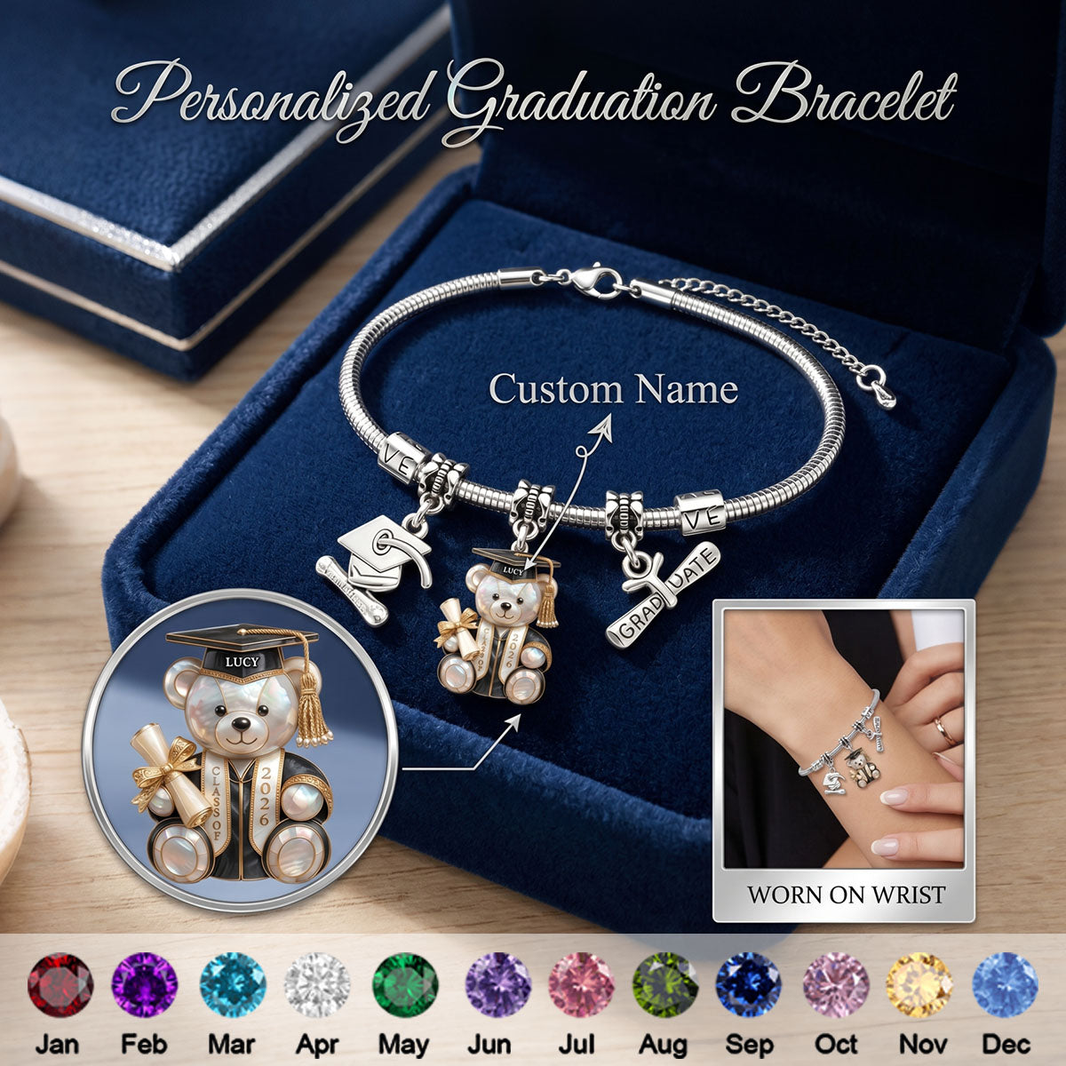 Personalized Graduation Bear Bracelet - Gift For Graduate