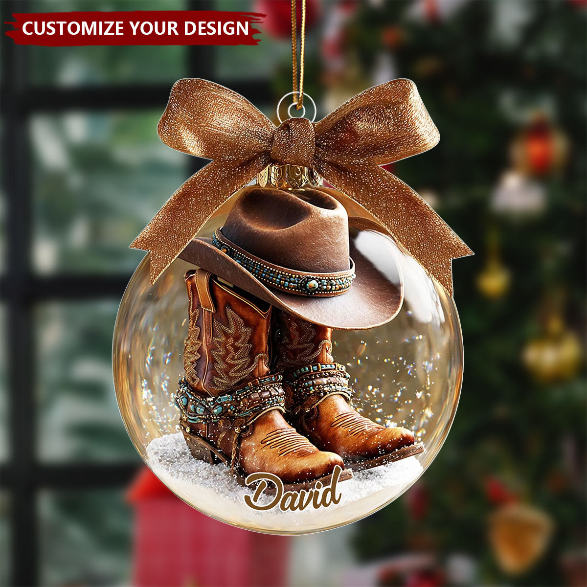Personalized Cowboy Ornament, Custom Name Western Boots and Hat Ornament