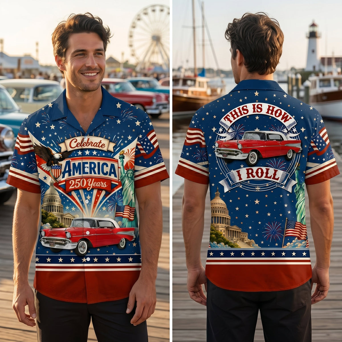 Celebrate America 250 Years - This Is How I Roll - Personalized Classic Car Photo Hawaiian Shirt - Gifts For Dad, Grandpa, Family