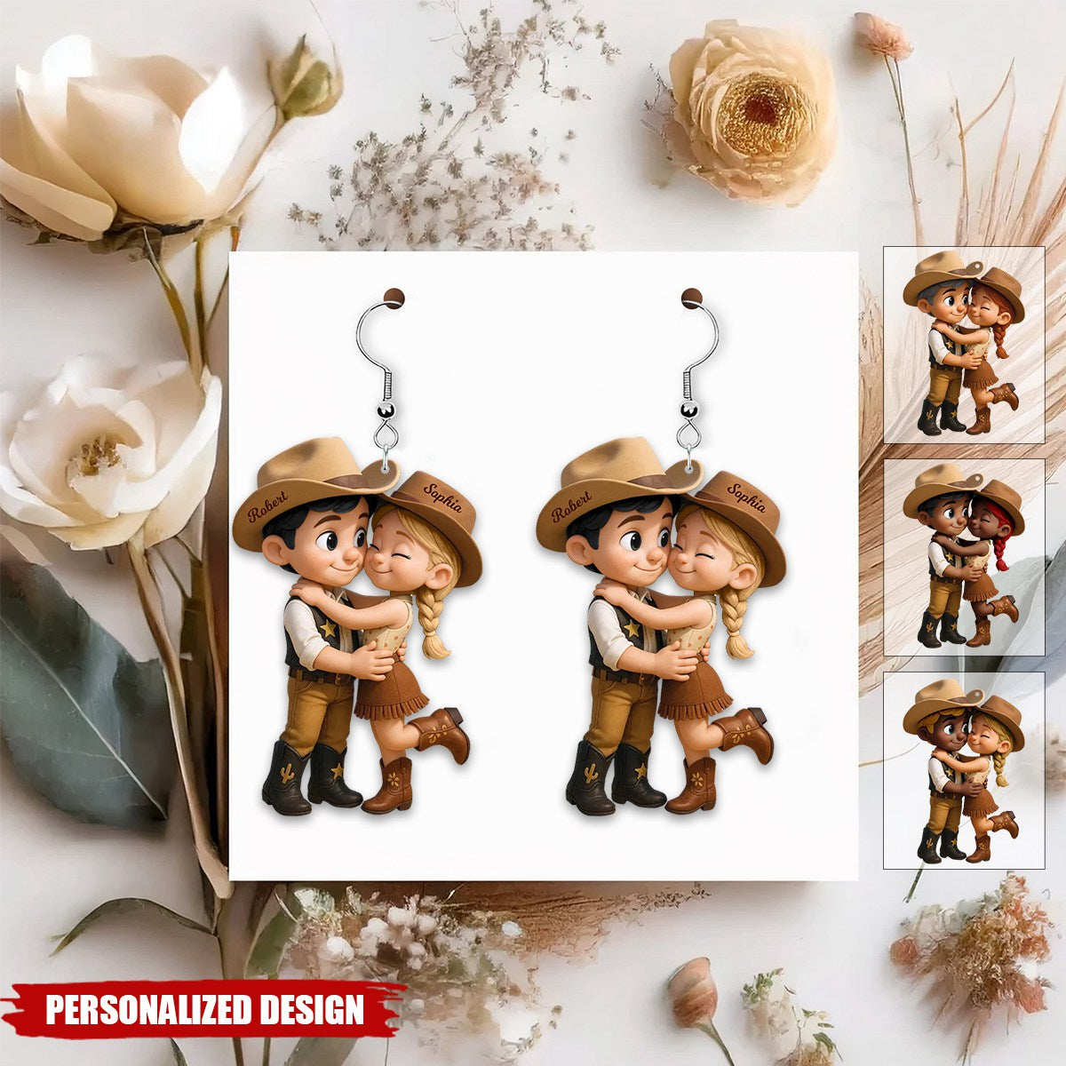 Cartoon Style Countryside Couple Cowboy Cowgirl Personalized Acrylic Earrings
