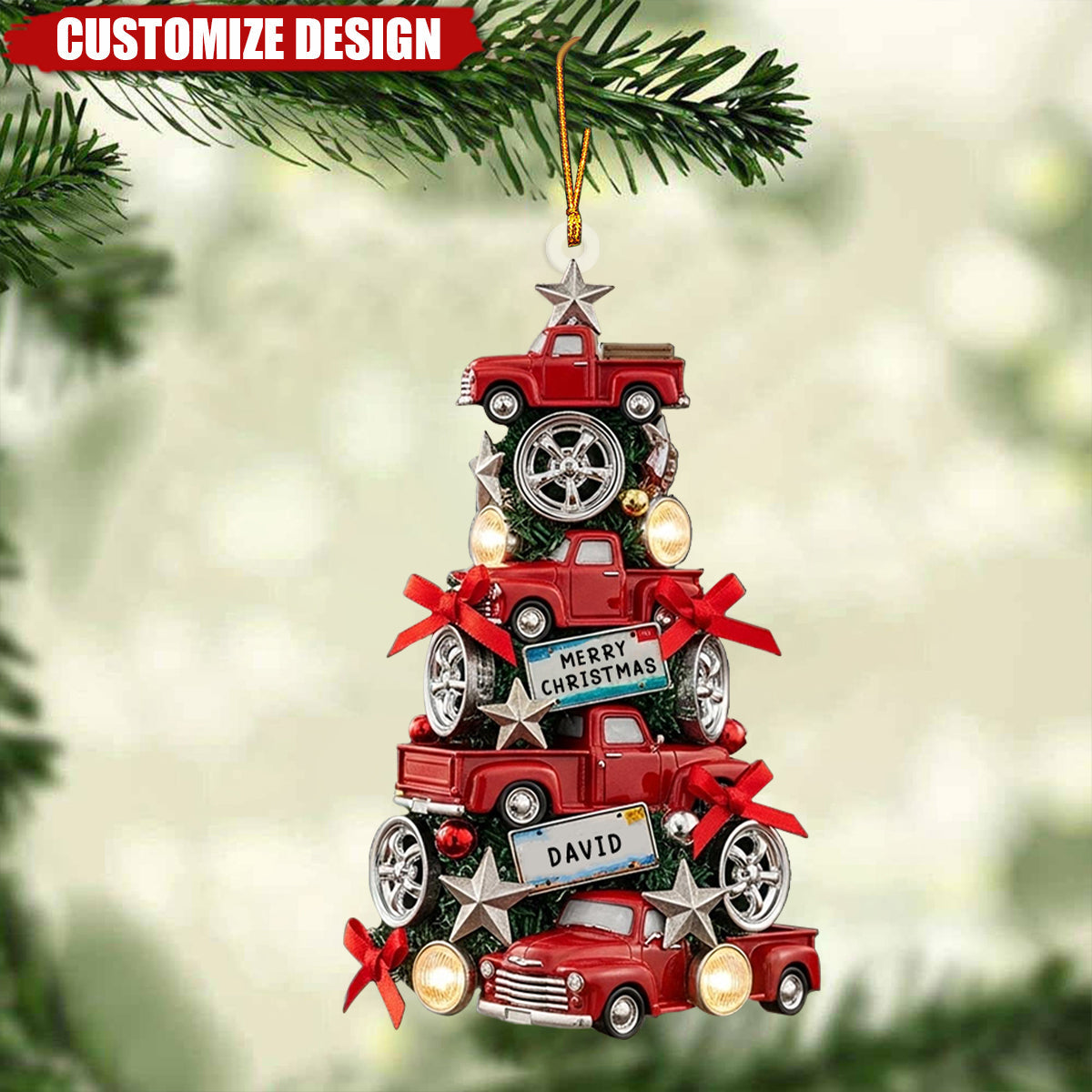Vintage Car Holiday Keepsake Gift - Personalized Red Truck Christmas Ornament 2025 - Custom License Plate Tree Decoration
