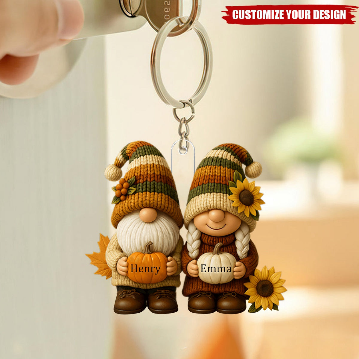 Growing Old Together, Couple With Sunflowers And Pumpkins Keychain, Gift For Couples And Grandparents