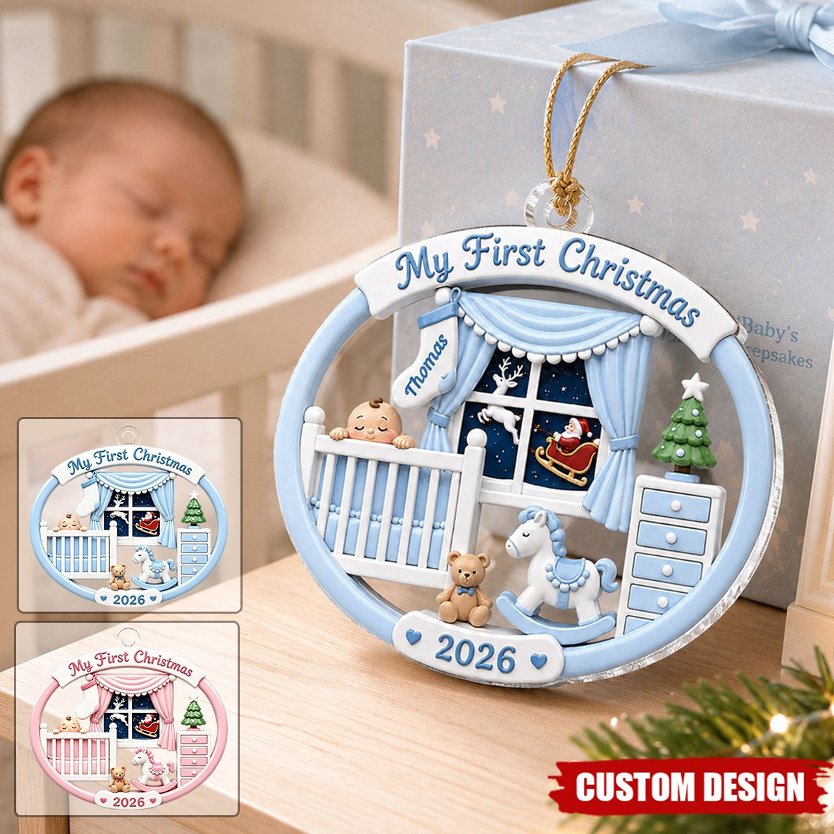 Light Pink Blue Baby's 1st Christmas 2026 - Personalized Acrylic Ornament - Unique Christmas Gift For New Parent