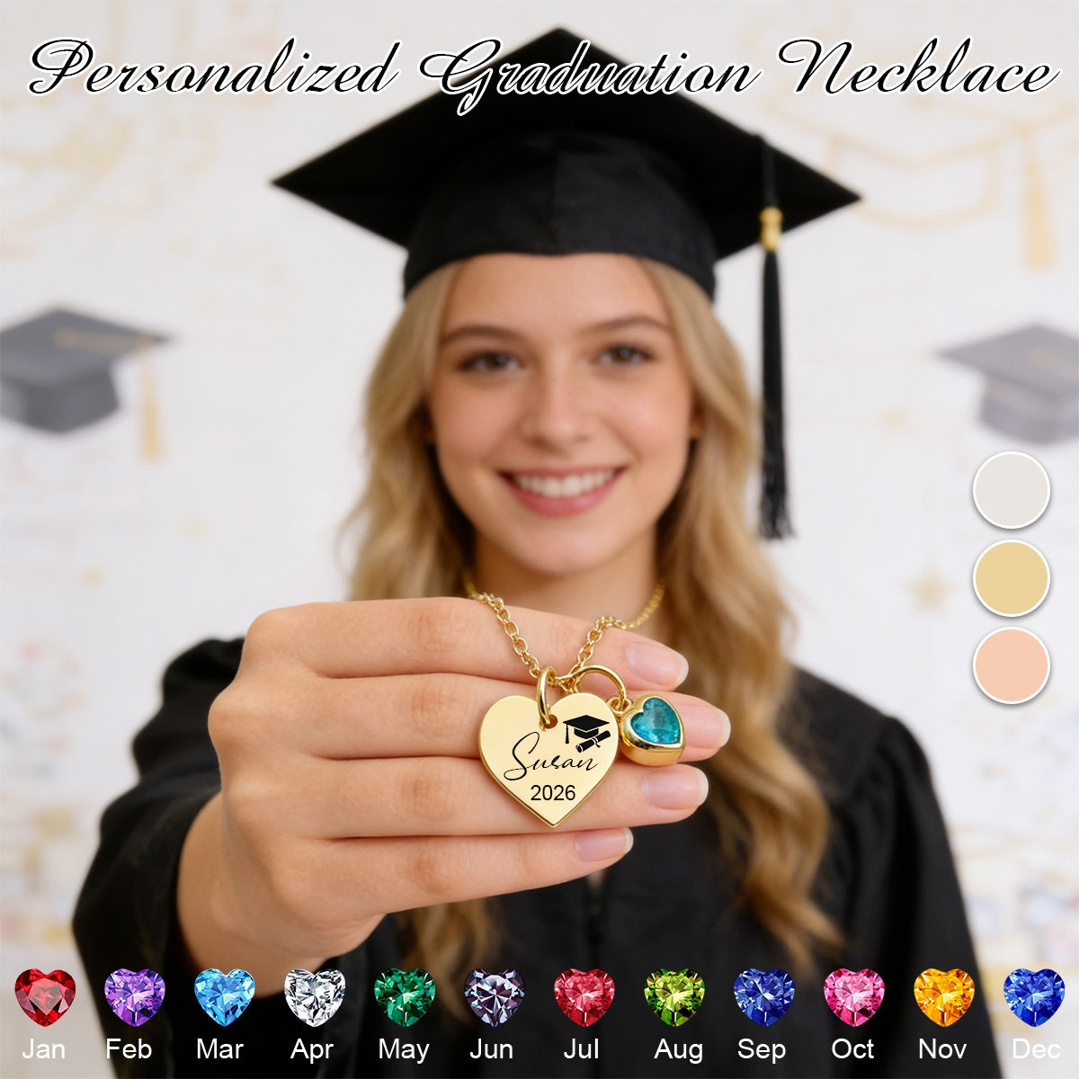 Personalized Graduation Birthstone Heart Necklace