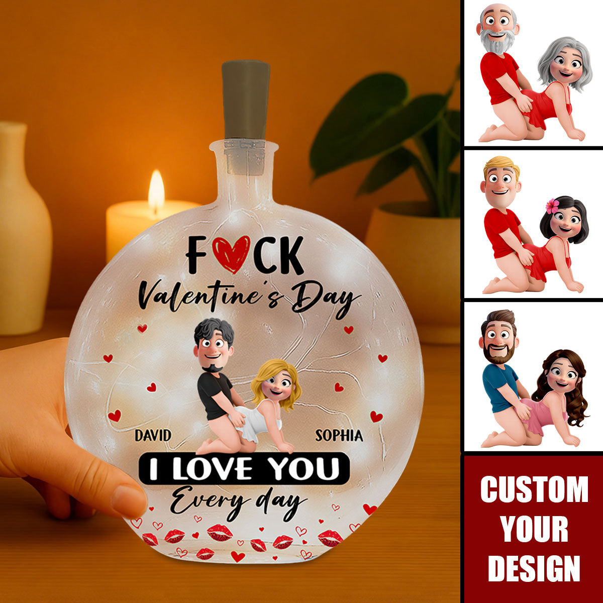 F Valentine's Day I Love You Every Day - Gifts For Her - Personalized Round Flat Bottle Light