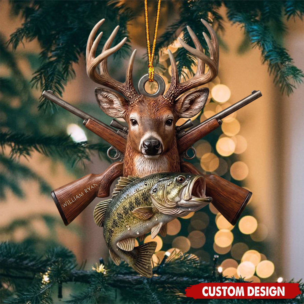 Personalized Hunting Fishing Christmas Ornament, Deer Rifle Bass Gift