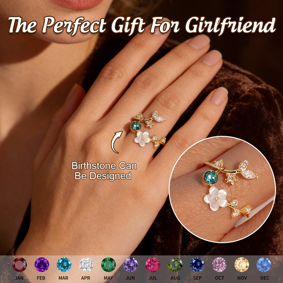 Personalized Mother of Pearl Sakura Birth Flower Ring-Gift For Her/Him