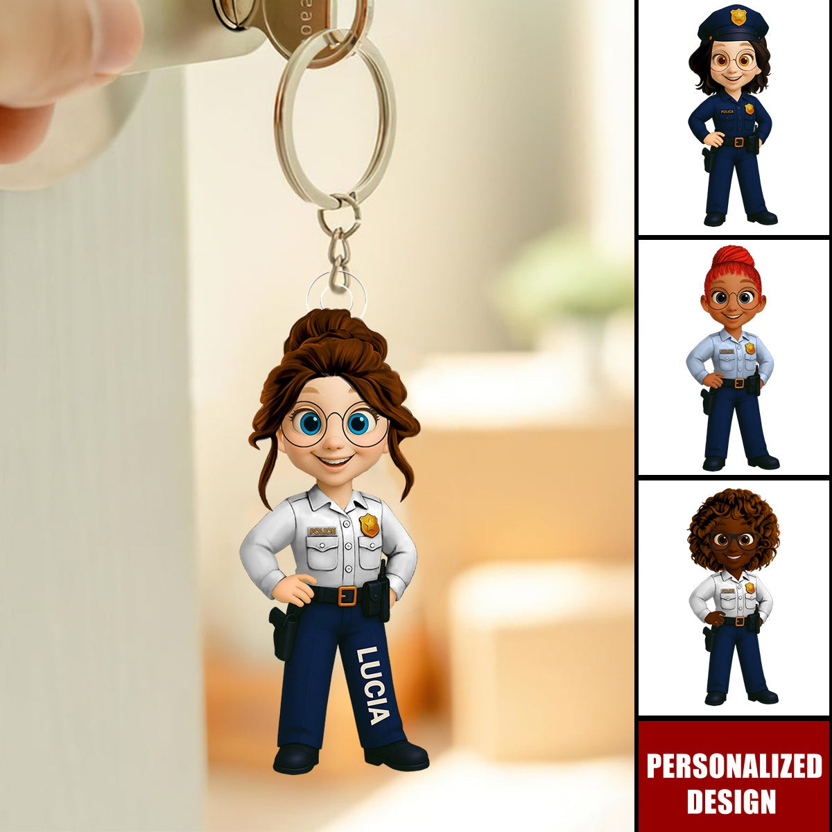 Personalized Woman Police Officer Cartoon Character Keychain-Gift For Law Enforcement