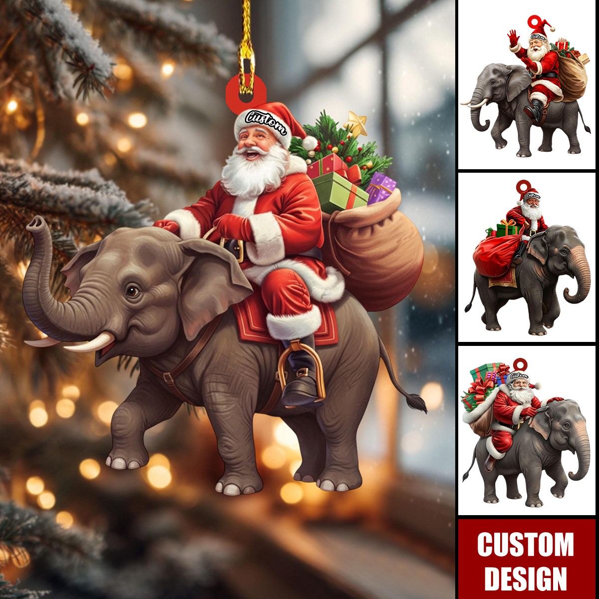 Santa riding Elephant acrylic 2D flat Christmas ornament, festive tree hanging acrylic holiday decoration, unique Santa riding elephant gift