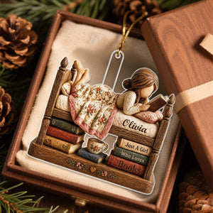 Personalized Just A Girl Who Loves Books Acrylic Ornament, Vintage Girl Reading In Bed Custom Name Gift