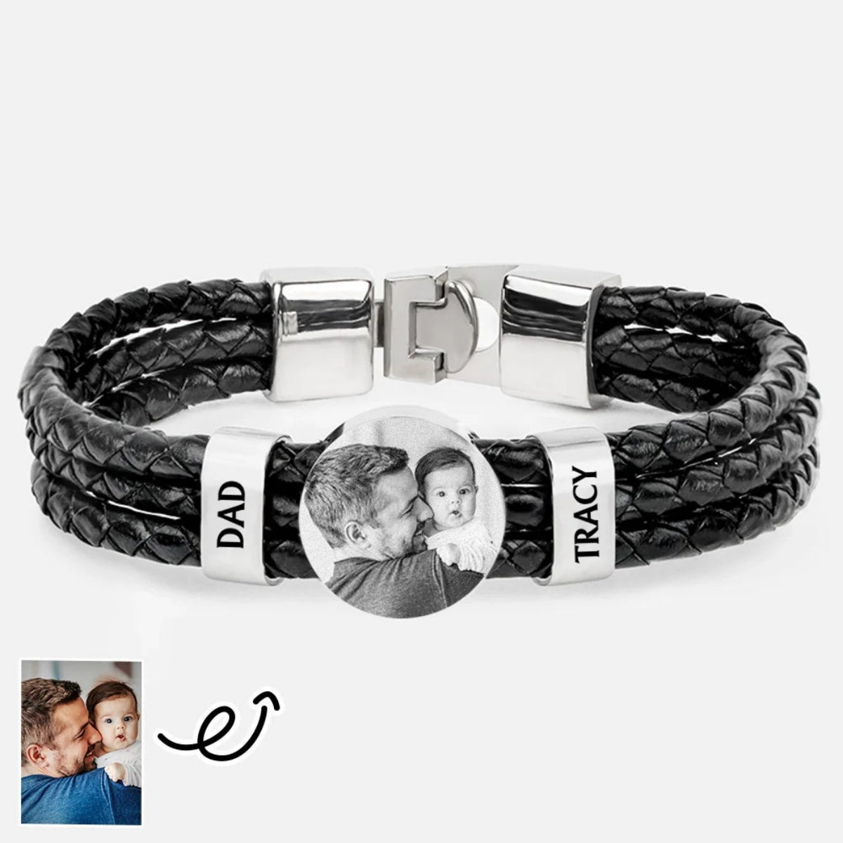 Leather Photo Men Bracelet with Name Beads - Personalized Gifts for Dad Grandpa