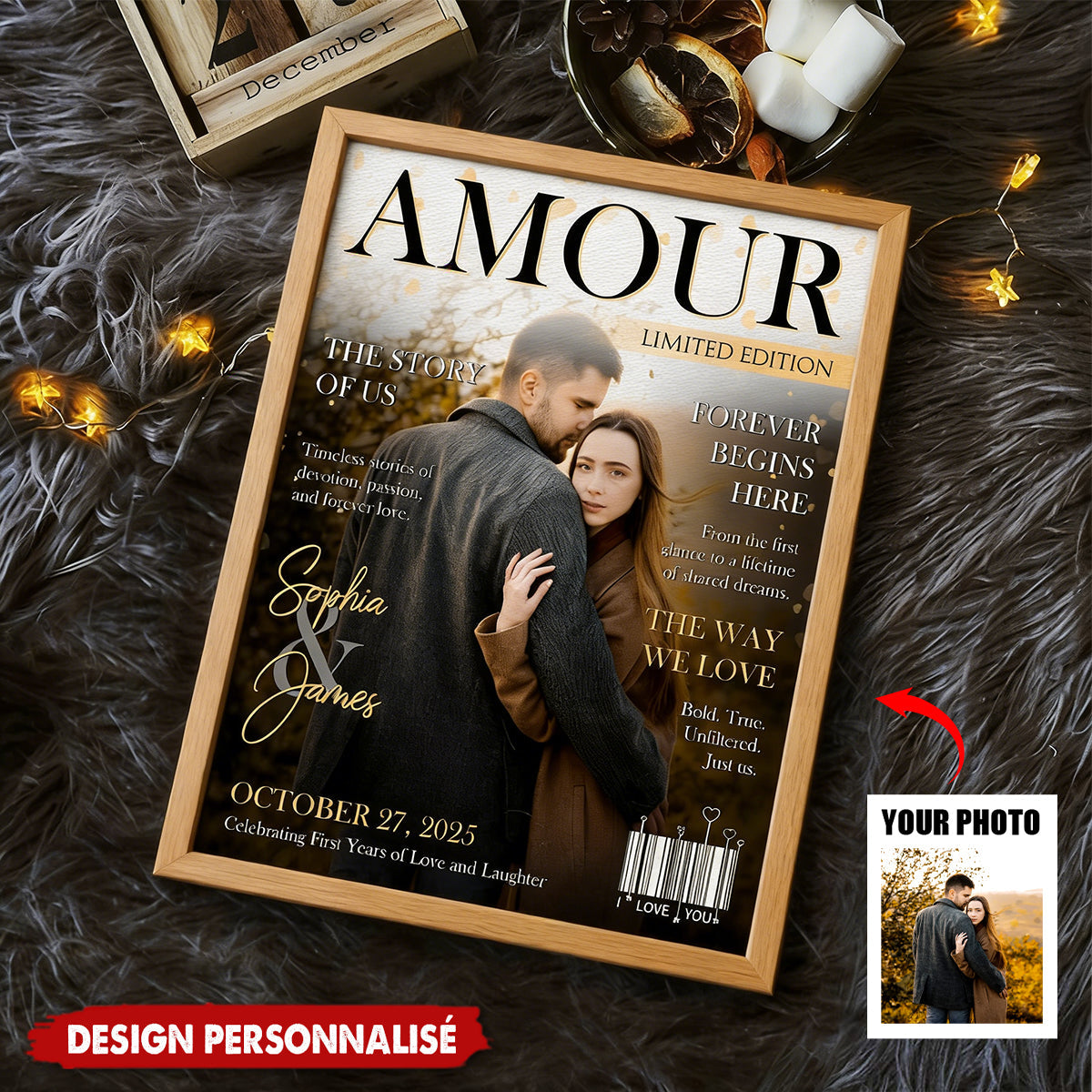 Personalized Amour Magazine Cover Couple Poster, Romantic Love Story Gift