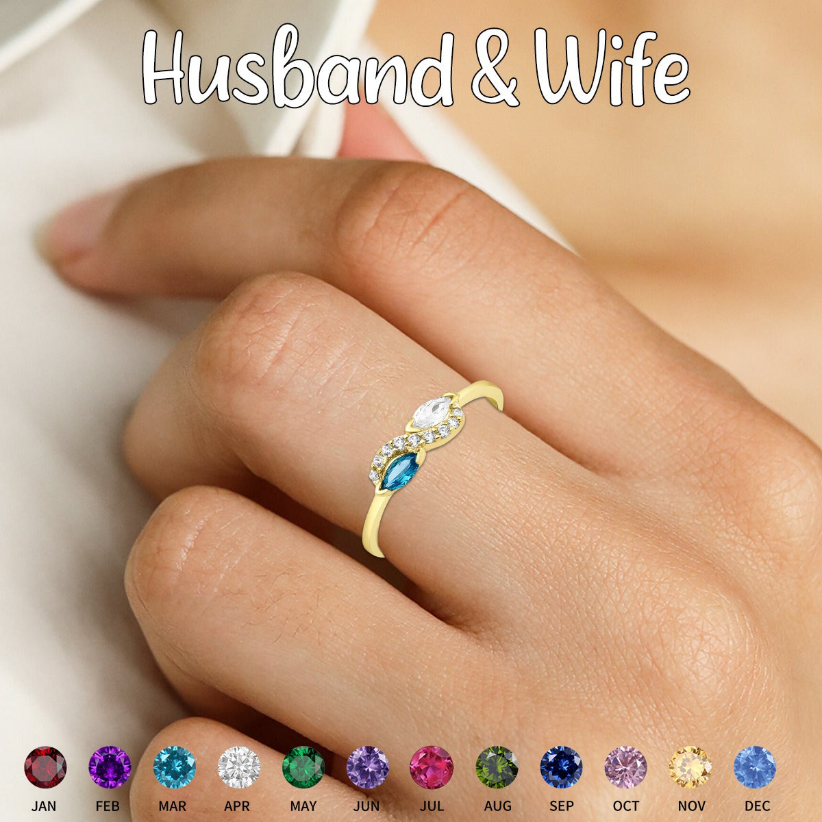 Personalized Double Marquise Cut Birthstone Ring-Gift For Couple