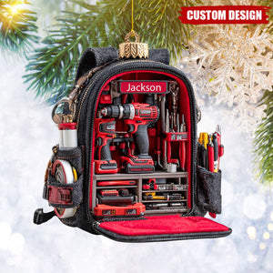 Personalized Tool Backpack Christmas Ornament – Custom Name Holiday Decor Gift for Carpenters, Handymen, and DIY Lovers,2D Flat Onament
