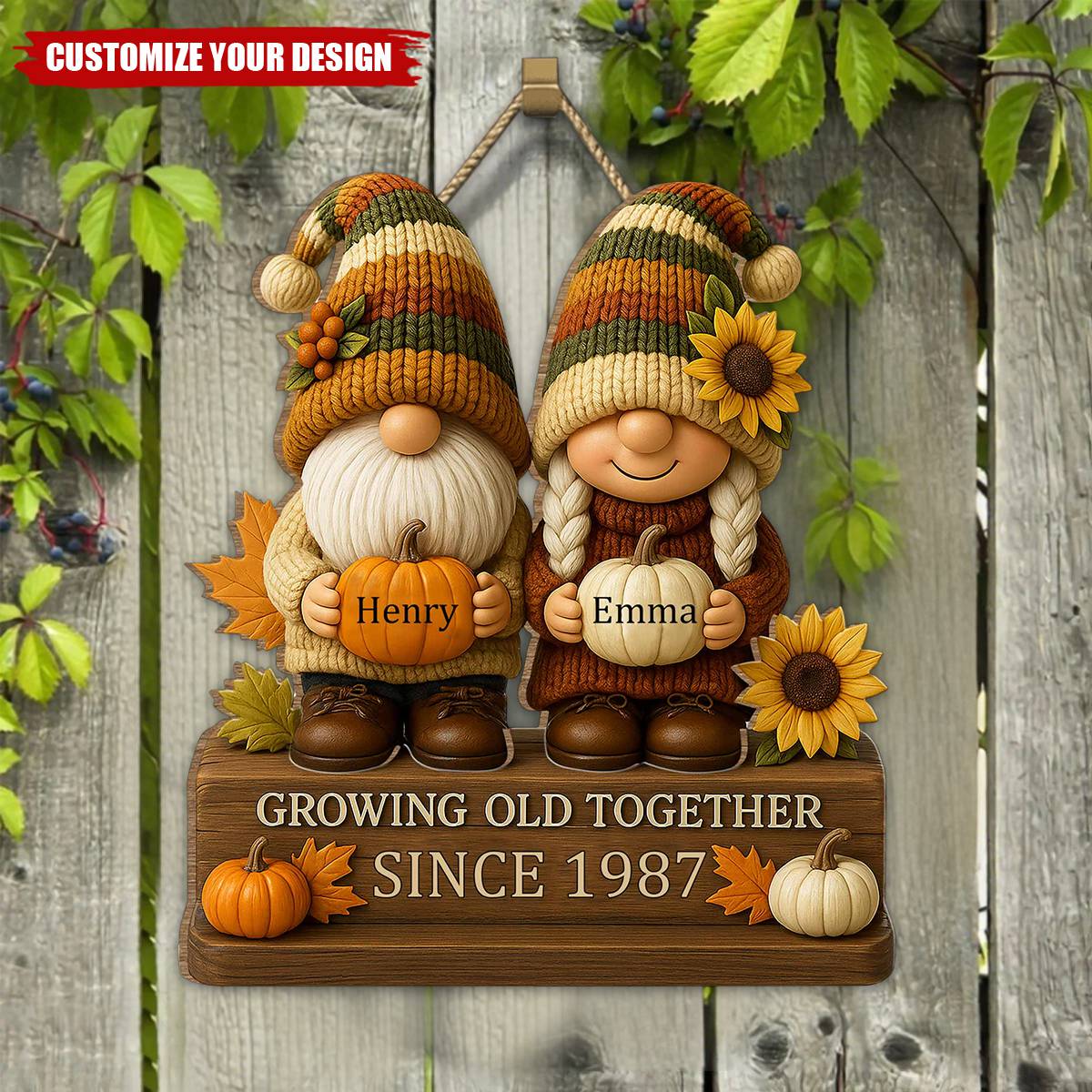 Growing Old Together, Couple With Sunflowers And Pumpkins Wood Sign, Gift For Couples And Grandparents