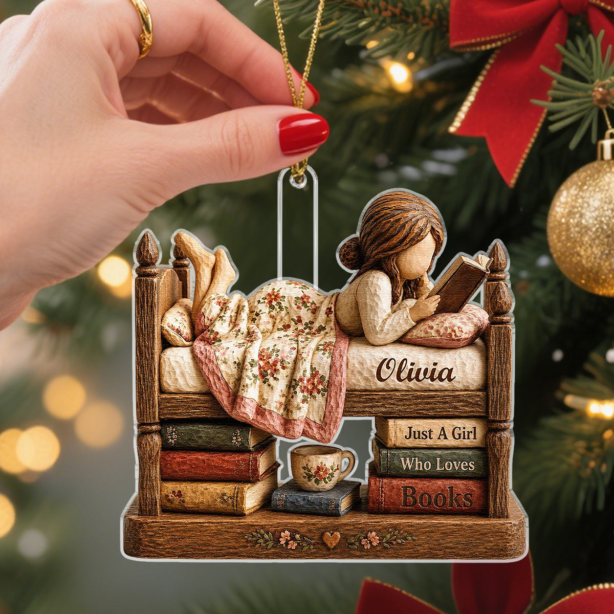Personalized Just A Girl Who Loves Books Acrylic Ornament, Vintage Girl Reading In Bed Custom Name Gift