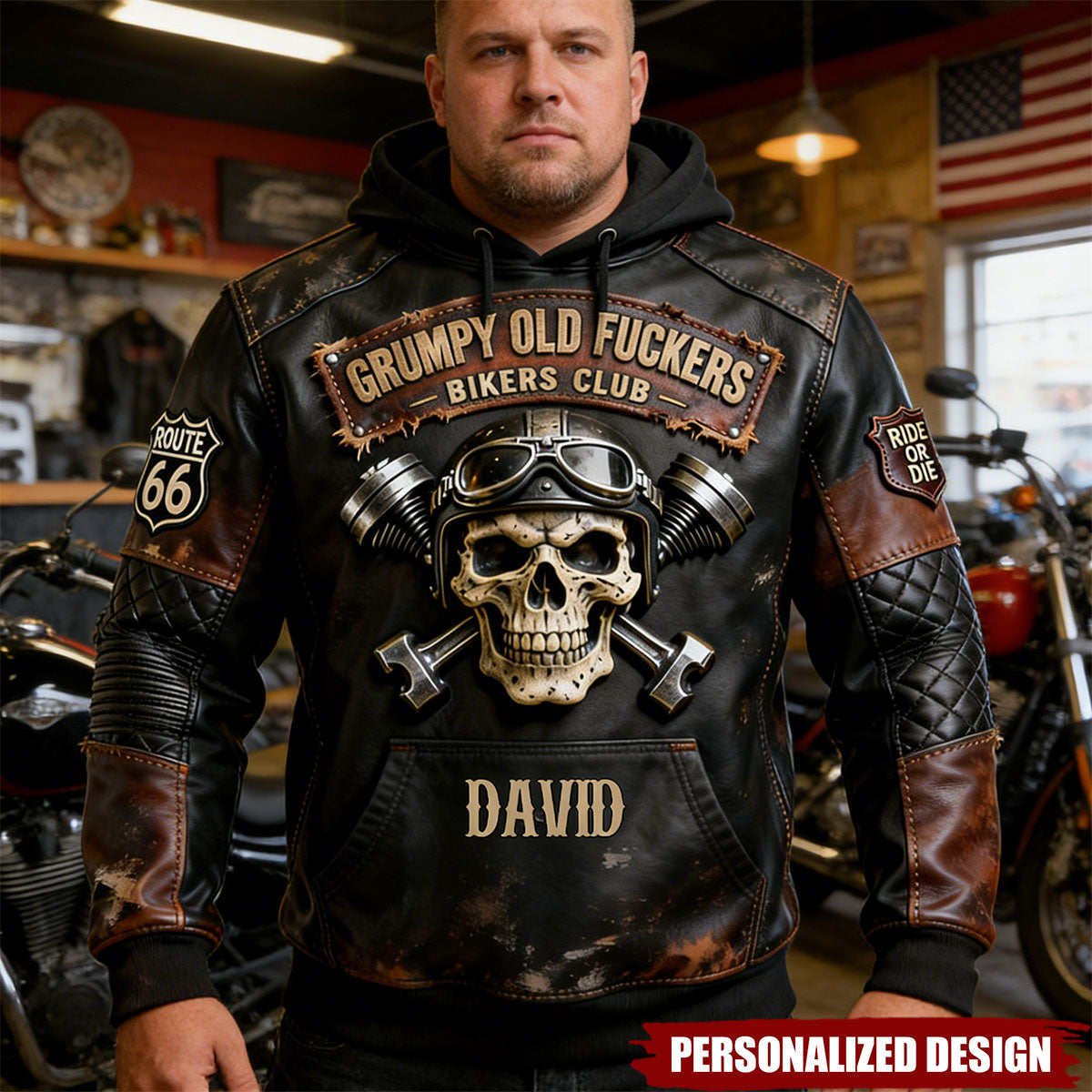 Personalized Vintage Biker Skull Hoodie Gift For Bikers