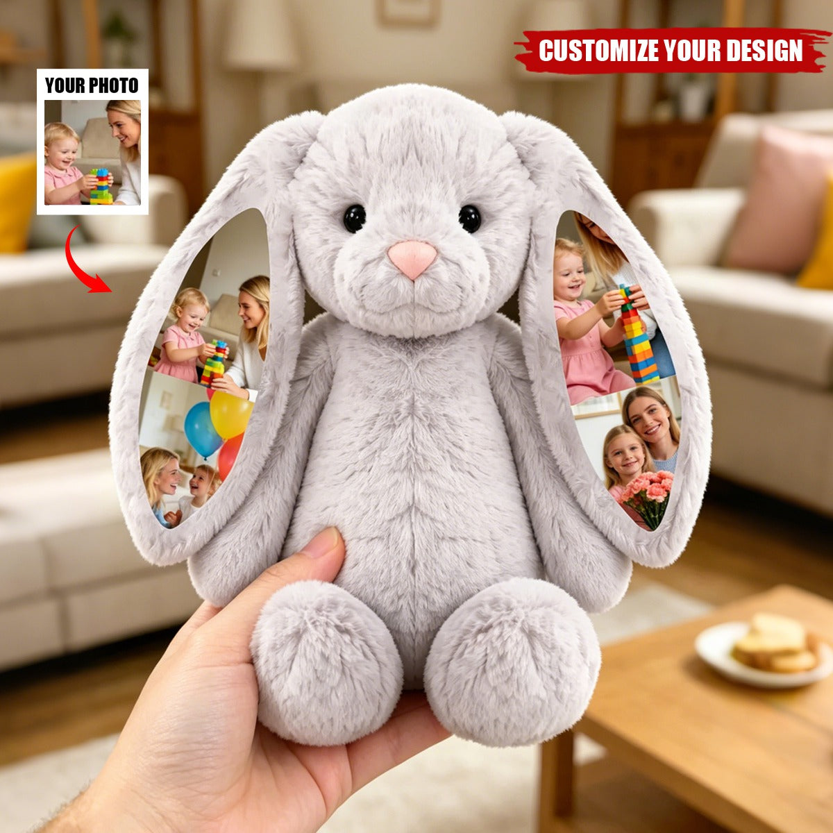 Custom Photo Bunny Plush – Personalized Hidden Ear Picture Bunny Gift for Couples Anniversary Father's Day Gifts