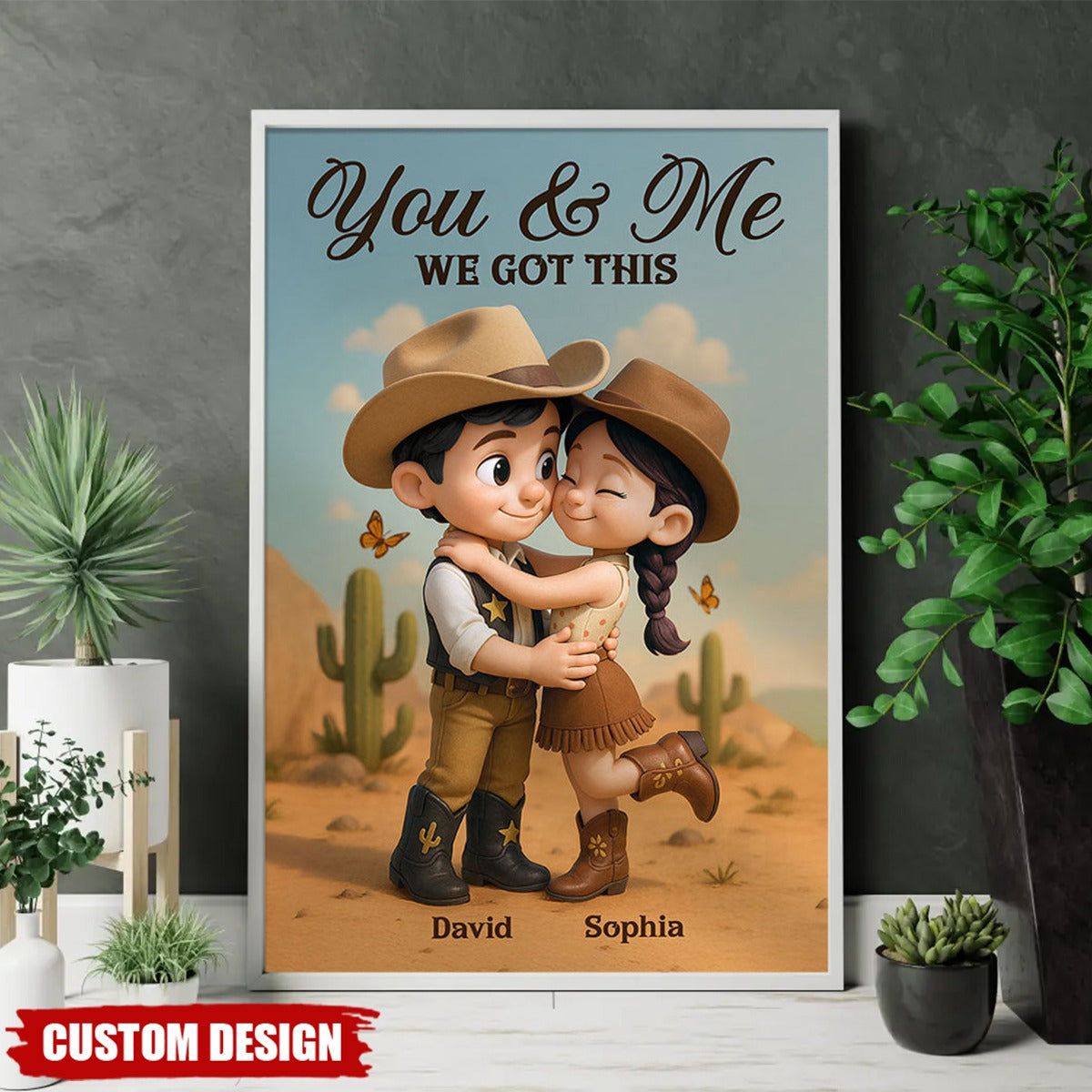 Cartoon Style Countryside Couple Cowboy Cowgirl Home Decor Personalized Vertical Poster