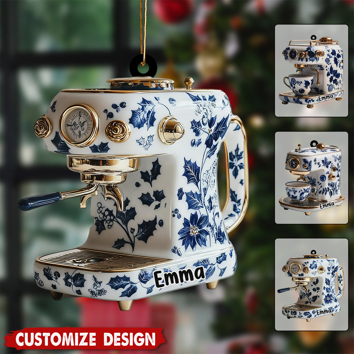 Personalized Coffee Maker Machine Christmas Ornament  - Gift For Coffee Maker And Floral Barista