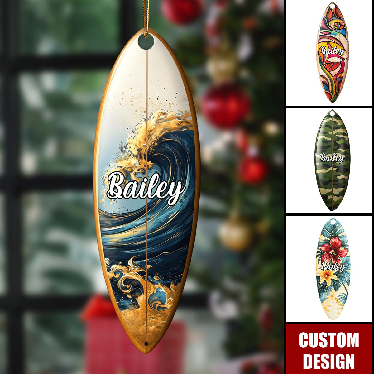 Personalized Surfboard Colorful Christmas Ornament