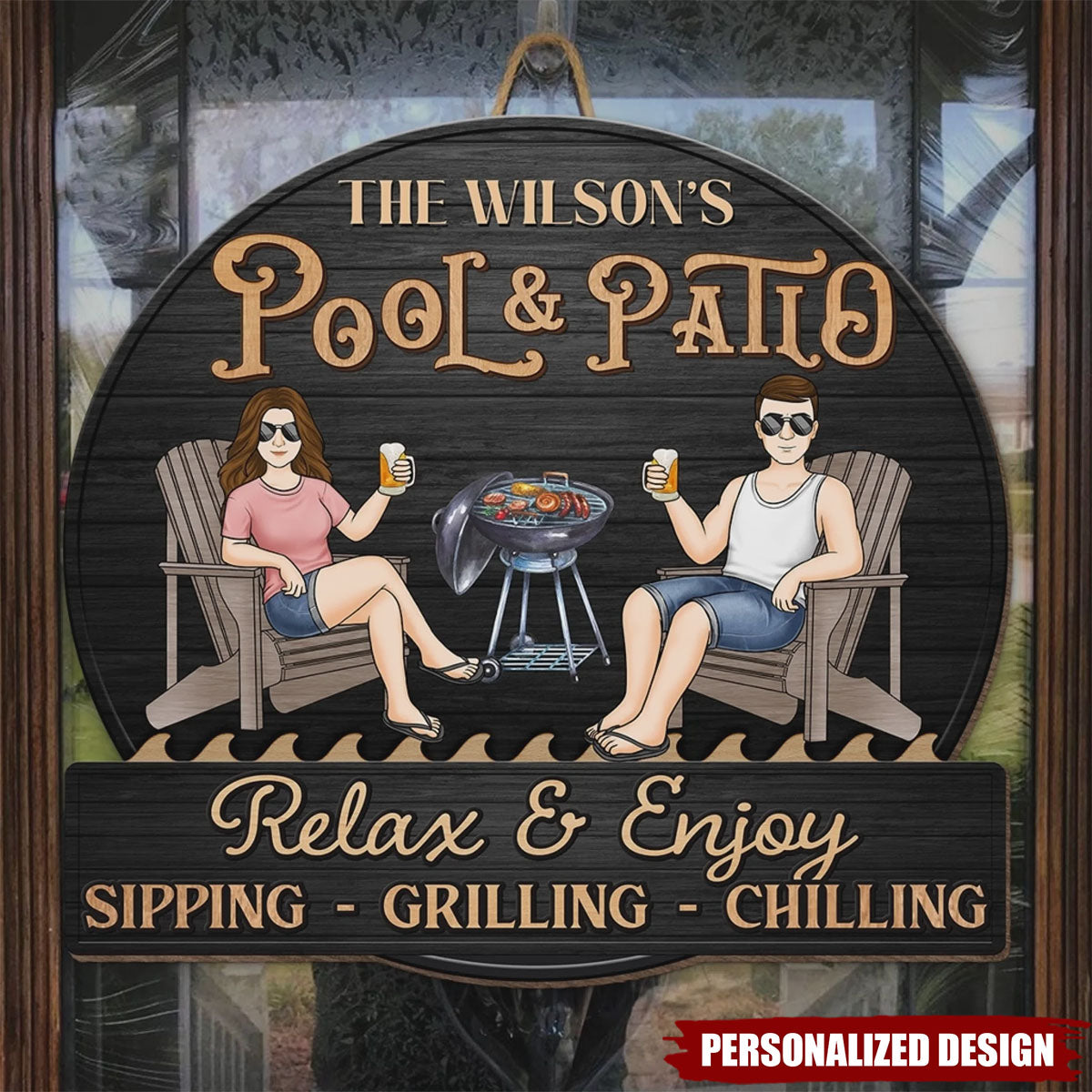 Just A Couple,Pool & Patio Sipping Chilling-Personalized Home Decor Wood Sign-Gift For Couple