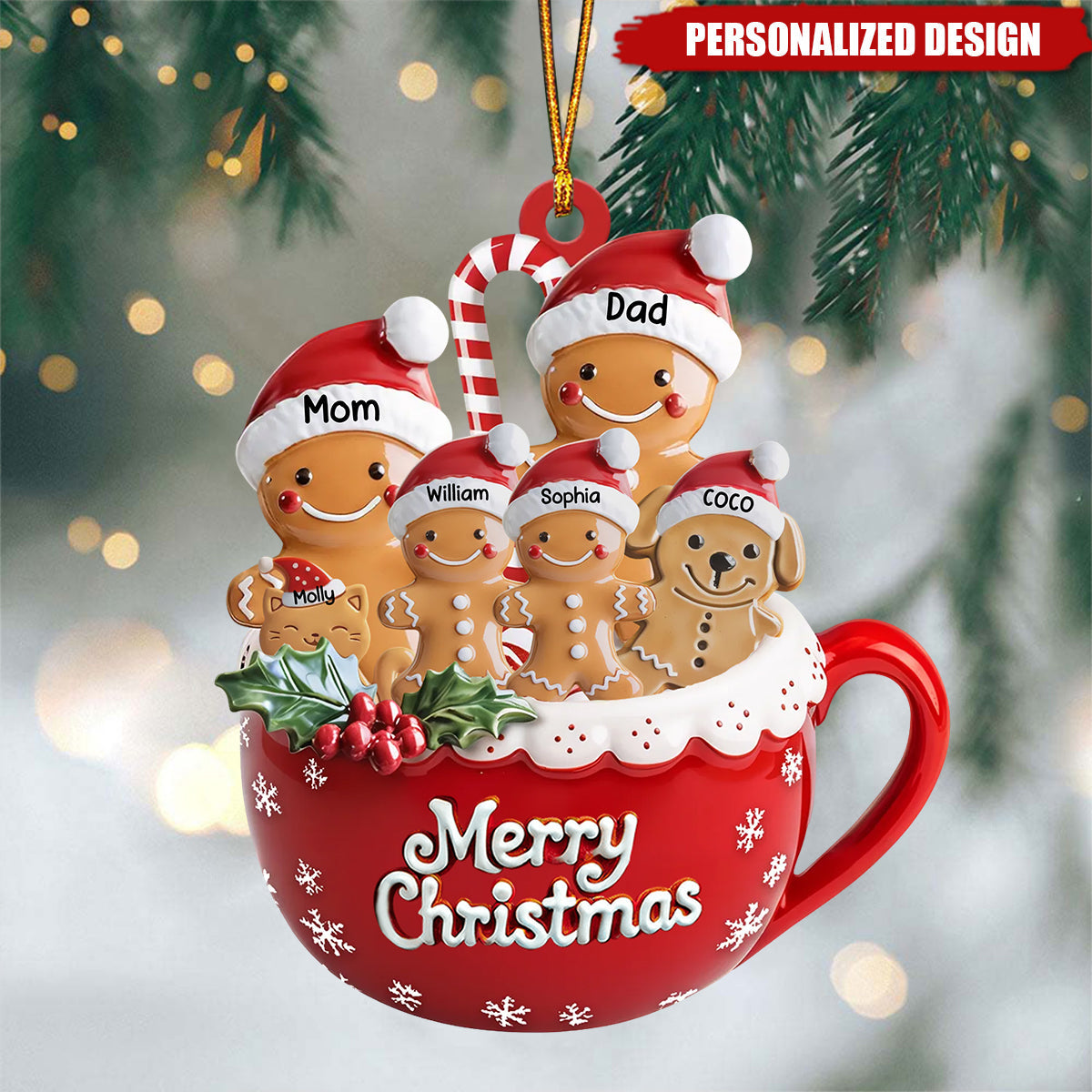 Personalized Gingerbread Family With Pets Acrylic Ornament