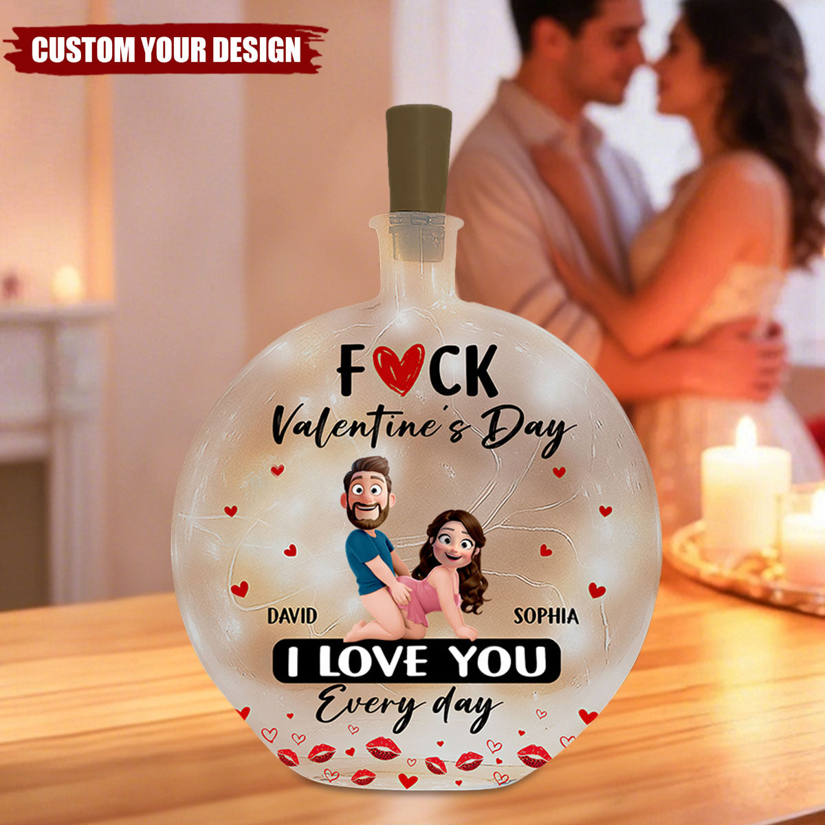 F Valentine's Day I Love You Every Day - Gifts For Her - Personalized Round Flat Bottle Light