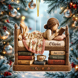 Personalized Just A Girl Who Loves Books Acrylic Ornament, Vintage Girl Reading In Bed Custom Name Gift
