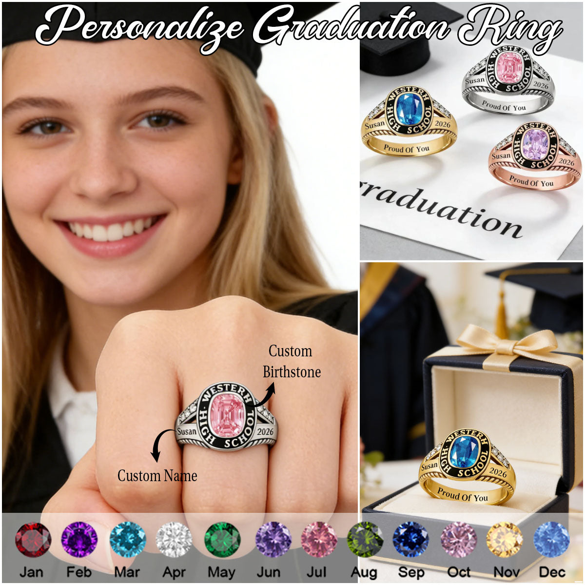 Personalized Graduation Class Birthstone Ring - Graduation Jewelry Gift for Men & Women