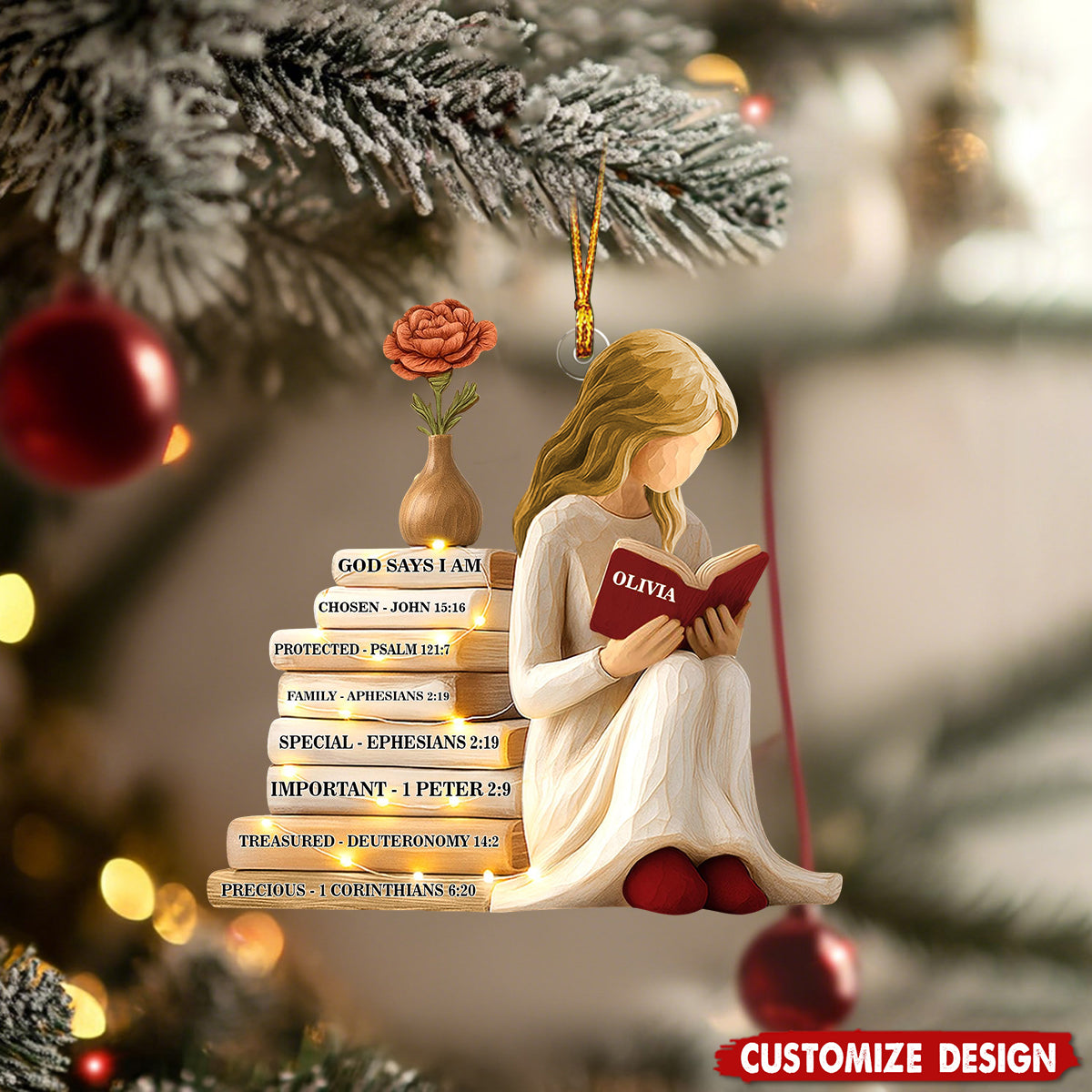 Personalized God Says I Am Ornament, Christmas Ornament for Readers, Custom Birth Month Flower and Name Keepsake