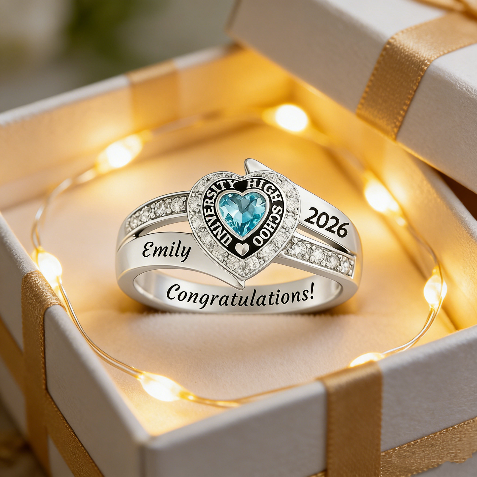 Personalized Engraved Heart Birthstone Graduation Ring Gift for Graduates