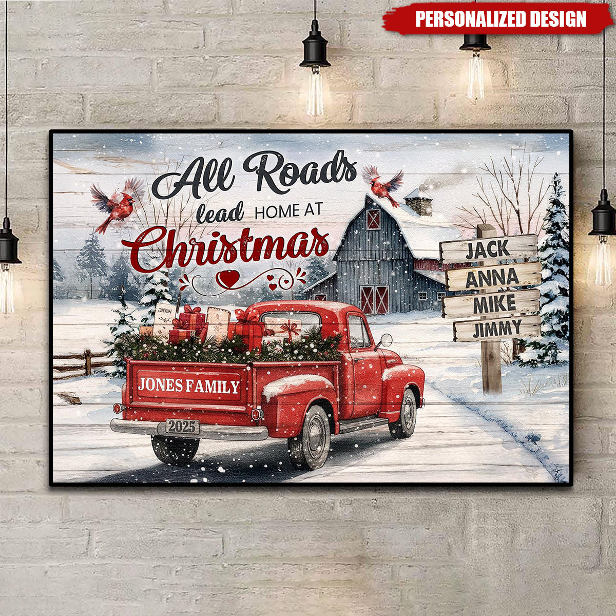 All Roads Lead Home at Christmas-Personalized Red Truck Christmas Poster Gift For Family