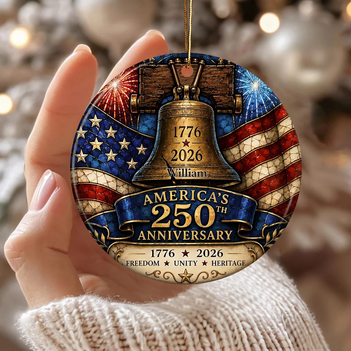 Personalized America 250th Anniversary Ornament, 1776-2026 Liberty Bell Ornament, Patriotic Christmas Tree Decor