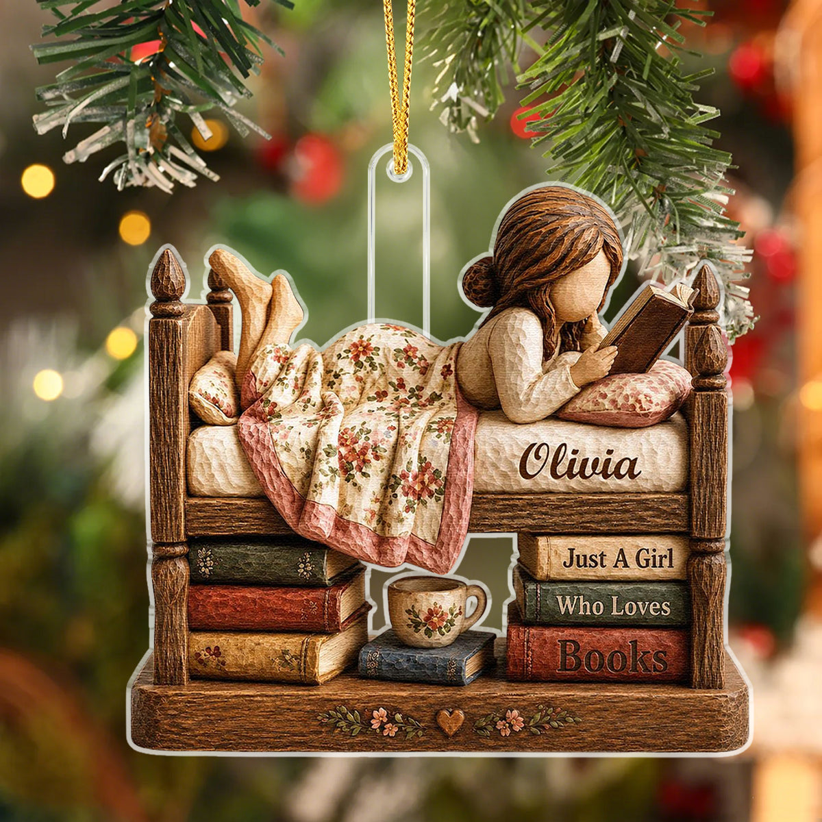 Personalized Just A Girl Who Loves Books Acrylic Ornament, Vintage Girl Reading In Bed Custom Name Gift