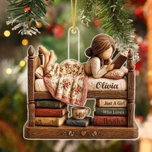 Personalized Just A Girl Who Loves Books Acrylic Ornament, Vintage Girl Reading In Bed Custom Name Gift
