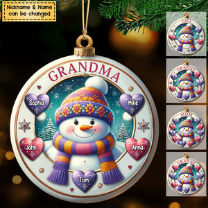 Happy Snowman Grandma Mom Cute Sweet Heart Kids Personalized Christmas Ornament