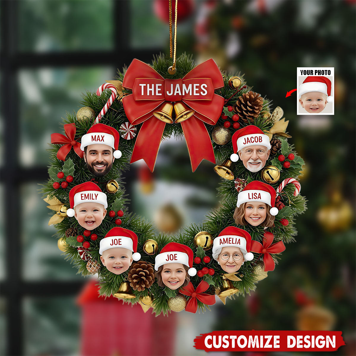 Personalized Family Wreath Photo Christmas Ornament