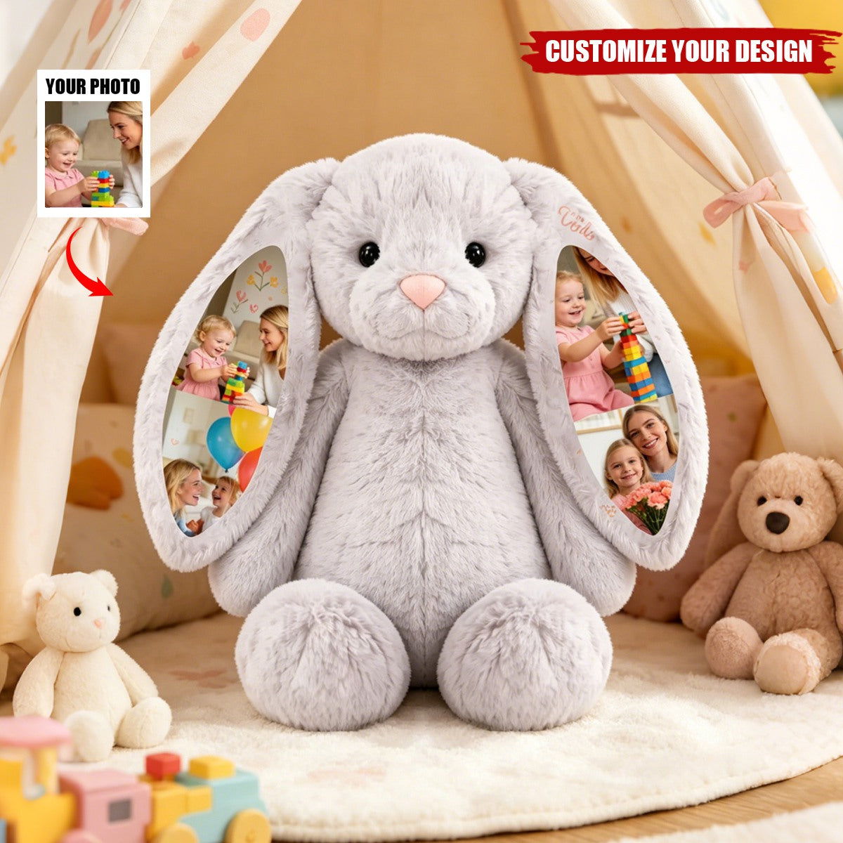 Custom Photo Bunny Plush – Personalized Hidden Ear Picture Bunny Gift for Couples Anniversary Father's Day Gifts