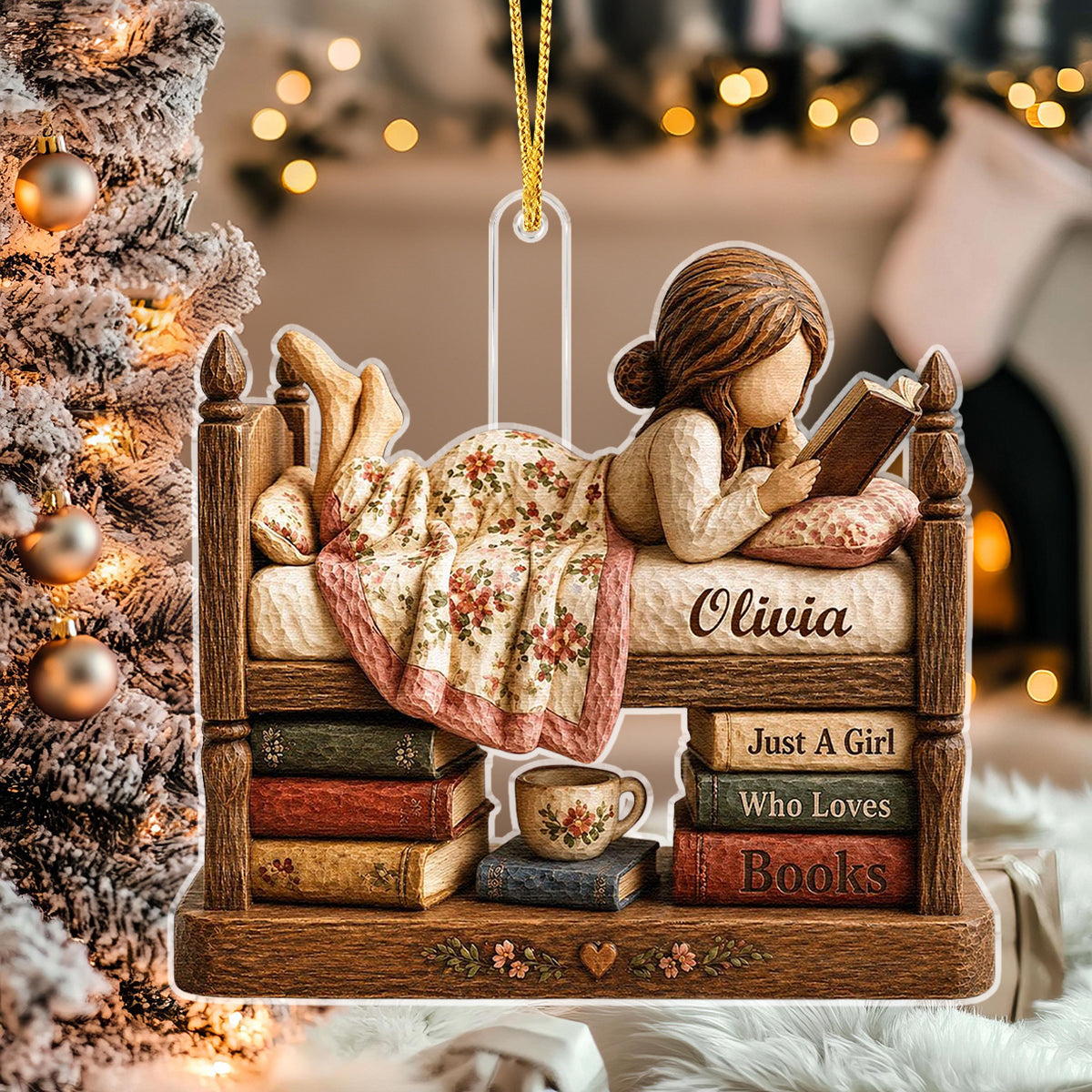 Personalized Just A Girl Who Loves Books Acrylic Ornament, Vintage Girl Reading In Bed Custom Name Gift
