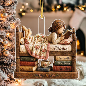 Personalized Just A Girl Who Loves Books Acrylic Ornament, Vintage Girl Reading In Bed Custom Name Gift