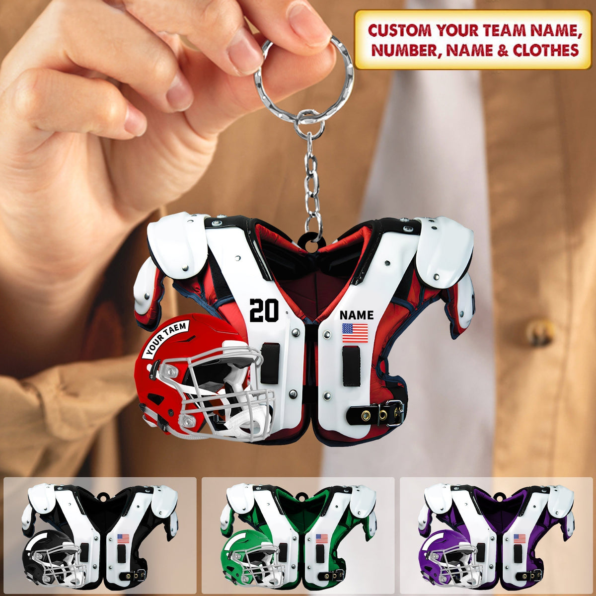 New Release Personalized American Football Shoulder Pads And Helmet Acrylic Keychain