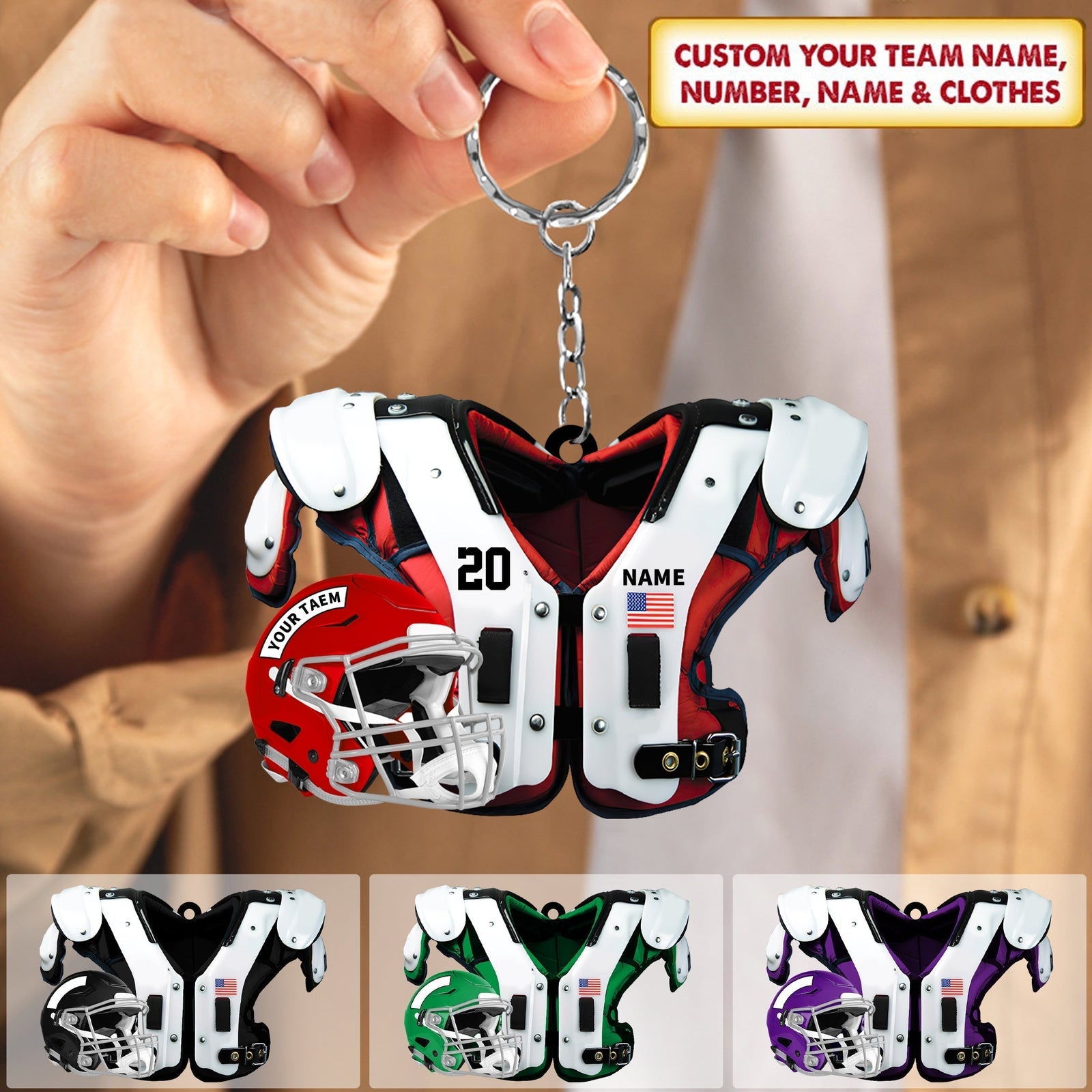 New Release Personalized American Football Shoulder Pads And Helmet Acrylic Keychain