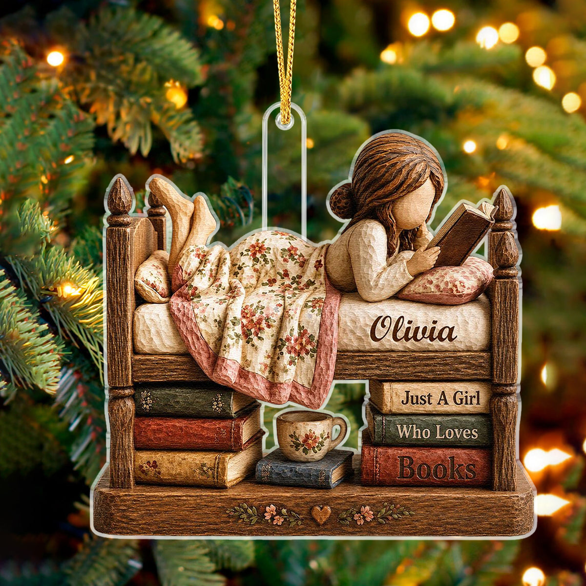 Personalized Just A Girl Who Loves Books Acrylic Ornament, Vintage Girl Reading In Bed Custom Name Gift