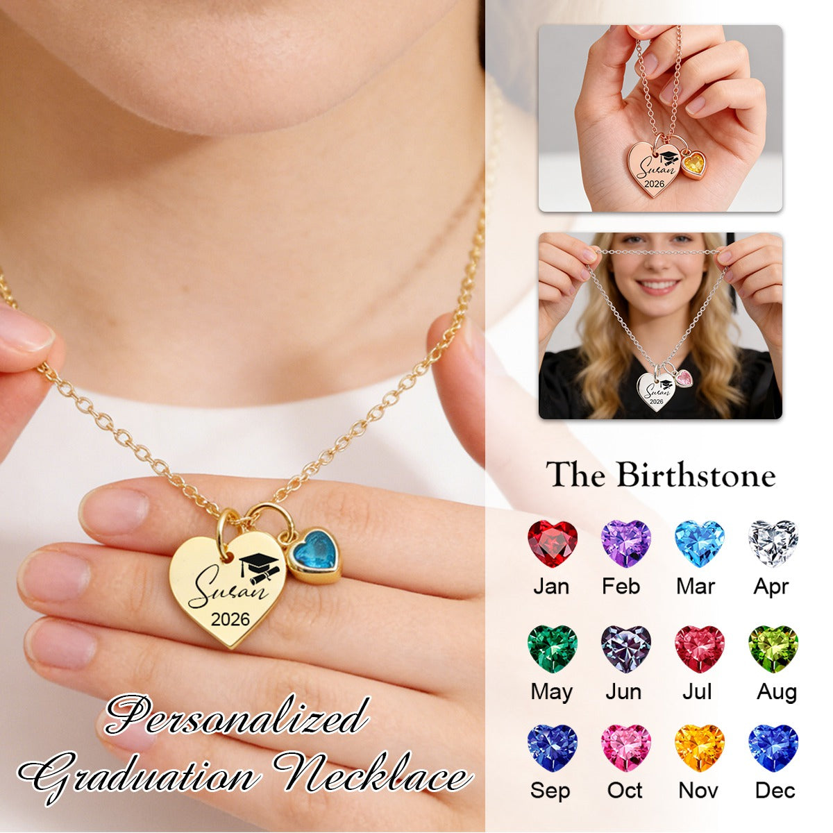Personalized Graduation Birthstone Heart Necklace